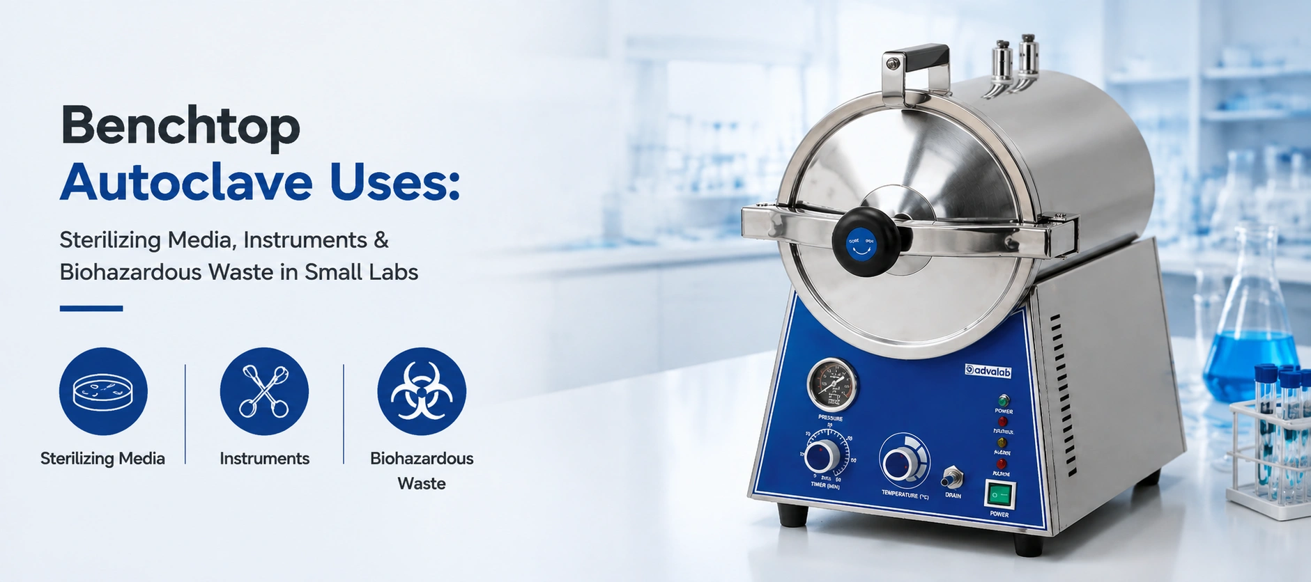 Benchtop Autoclave Uses Sterilizing Media Instruments and Biohazardous Waste in Small Labs