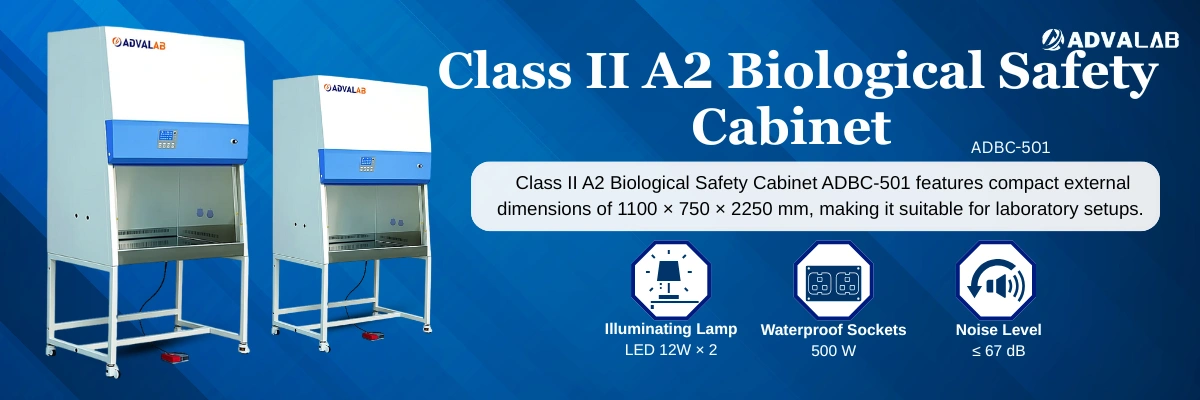 Class II A2 Biological Safety Cabinet ADBC-501 | External Dimensions (W×D×H)	1100 × 750 × 2250 mm | Internal Dimensions (W×D×H)	940 × 600 × 660 mm