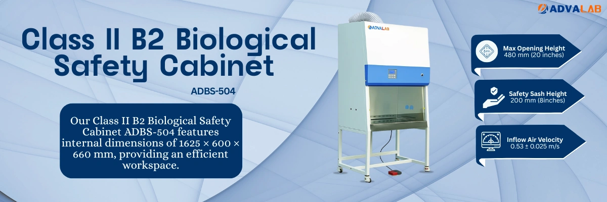 Class II B2 Biological Safety Cabinet ADBS-504 | External Dimension (W×D×H)	1800 × 775 × 2250 mm | Internal Dimension (W×D×H)	1625 × 600 × 660 mm