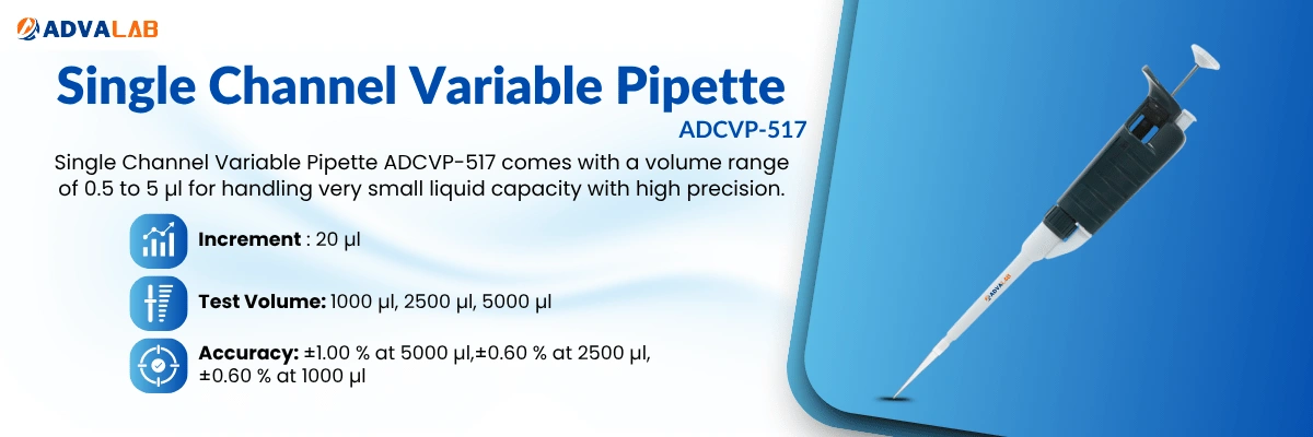 Single Channel Variable Pipette ADCVP-517:Increment:20 µl|Test Volume:1000 µl 2500 µl 5000 µl